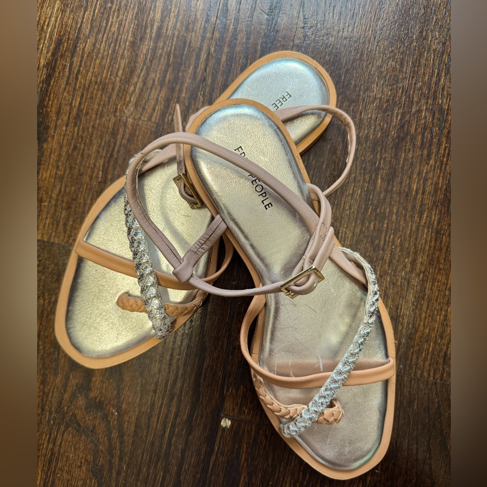 Free People Sandals Sunny Days Tan Silver Strappy Braided Flats
